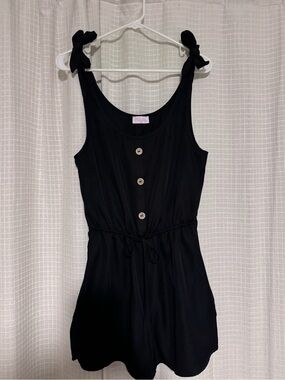 Pink Lily Black Tie-Shoulder Romper with Button Front